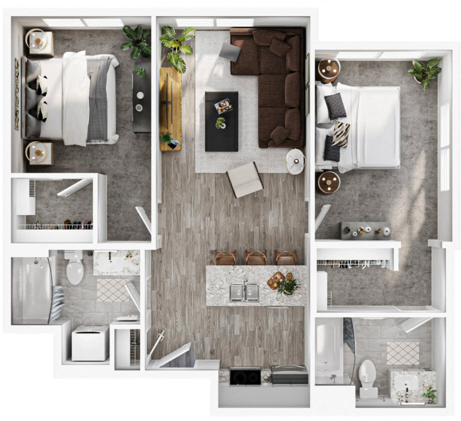 Floor plan for 2 beds, 2 baths, 930 sqft